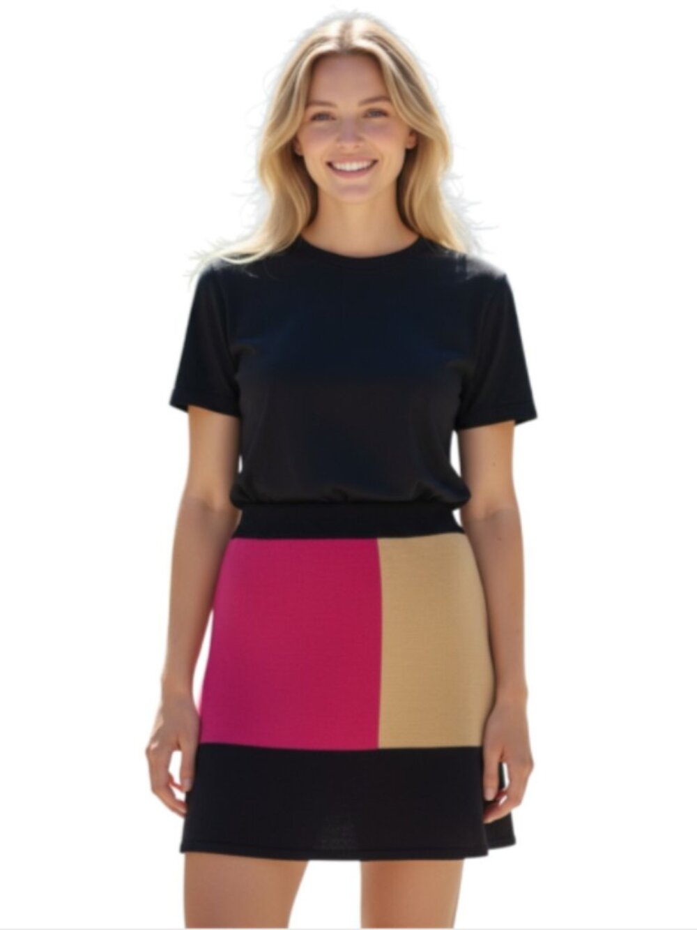 Ann Taylor LOFT Size XXS Mini Sweater Skirt Wool Color Block Black Deep Pink Tan